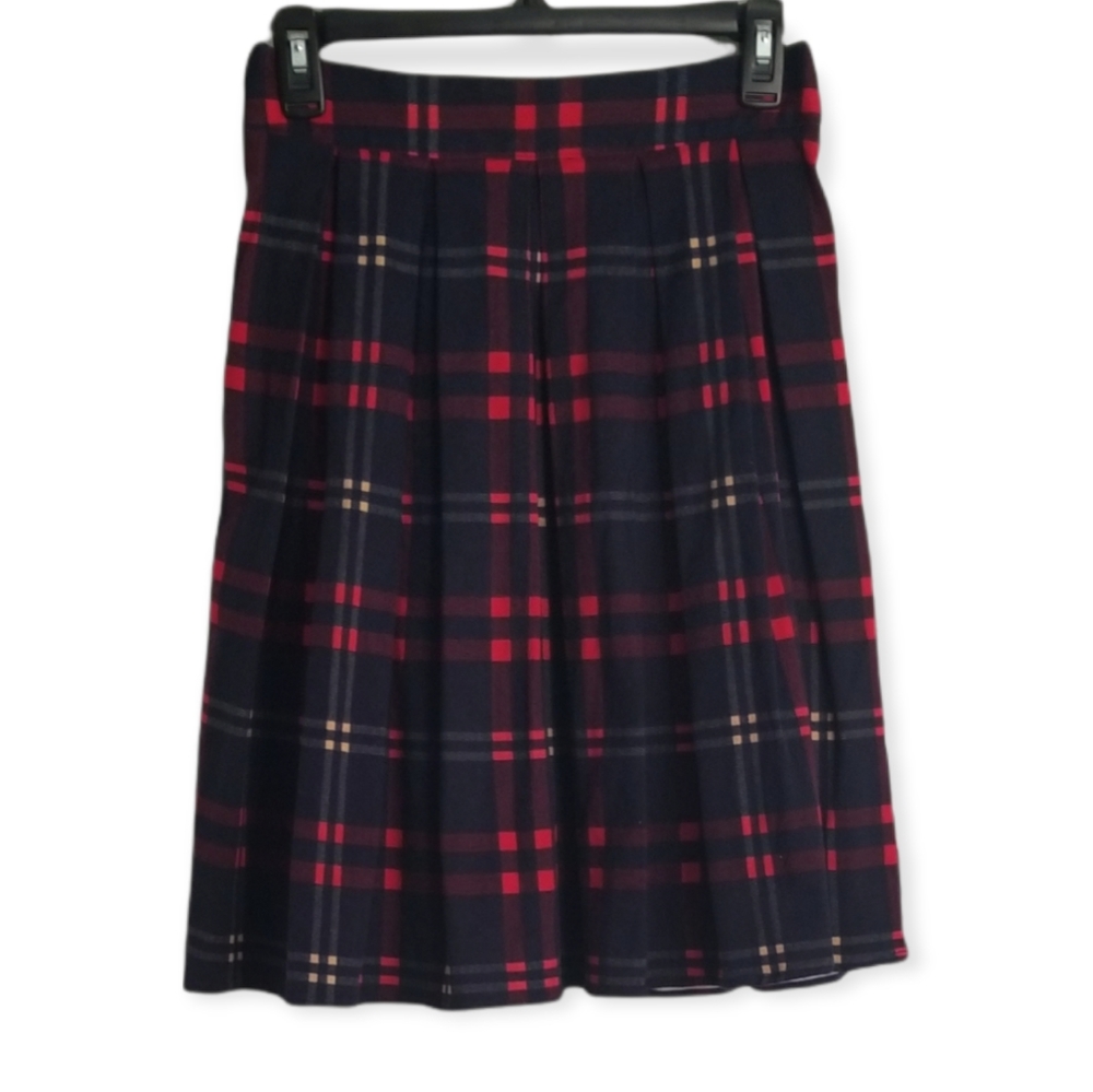 Navy and Red Plaid Pleated Skirt